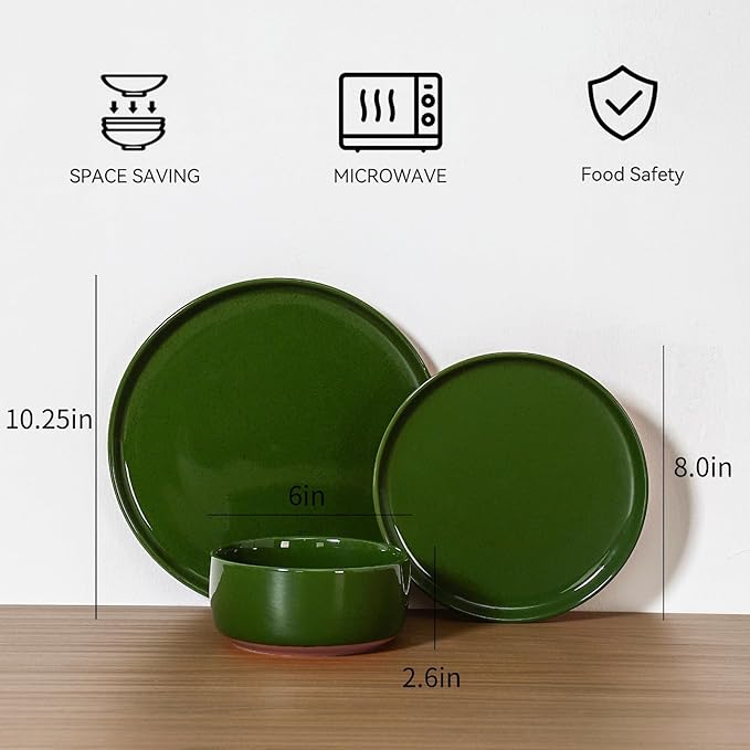 GZG Modern Art Series - 18 Pcs Speckled Stoneware Plates and Bowls Sets, Ceramic Dinnerware Set with Rustic Terracotta Underside, Microwave and Dishwasher Safe Handcrafted Dishes Set - Verdant Green