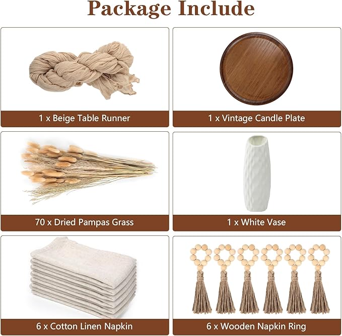 Table Centerpiece Set with Beige Cheesecloth Table Runner, 1 Round Wooden Candle Plate, 70 PCS Dried Pampas Grass Decor with White Vase, 6 Linen Napkins and Wooden Napkin Rings for Wedding Home Decor