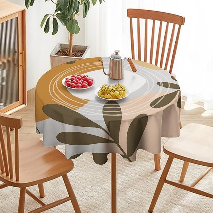 Boho Mid Century Round Tablecloth, Bohemian Abstract Modern Leaves Tablecloth for Home Party Dining Room Kitchen Decor 36Inch(90cm)