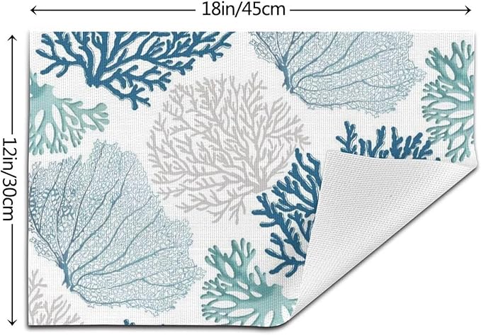 Placemats Set of 4 Nautical Blue Coral Place Mats Coastal Teal Beige Coral Woven Table Mats Washable Ocean Theme PVC Placemat for Dining Kitchen Decor Indoor Outdoor, 12 x 18 Inch