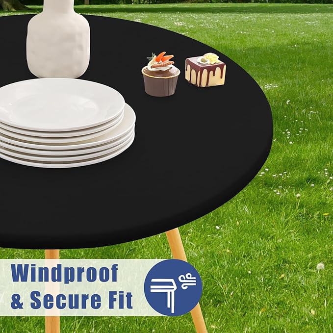 Round Spandex Tablecloth 2 Pack, Elastic Fitted Waterproof Tablecloths for 57"-68" Tables, Stretch Washable Picnic Table Cover for Camping, Dining, Indoor and Outdoor, Black