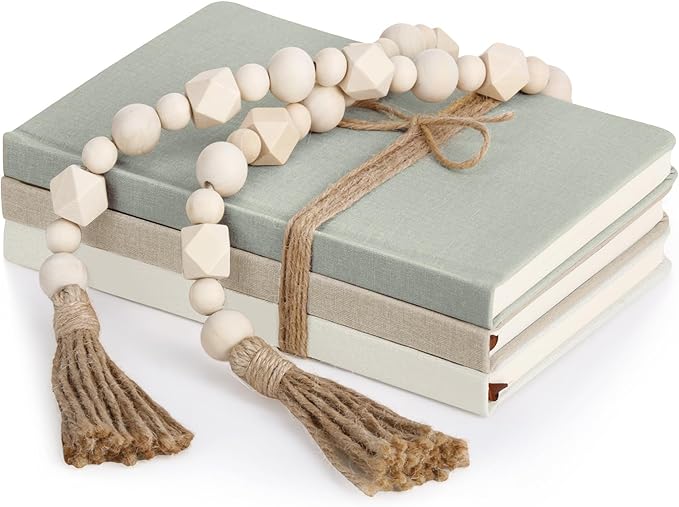 3 Pieces Faux Decorative Books Set for Home Decor Fake Book for Shelves Coffee Table Stacked Linen Covered Display Notebook with Wood Bead Bookend Gift for Living Room(Fresh Color)