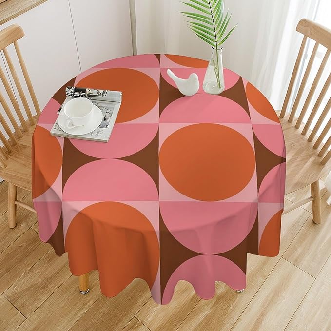 Mid Century Round Tablecloth, Abstract Retro 50s 60s Style Geometric Print Tablecloth for Home Party Dining Room Kitchen Decorm 70Inch(178cm)