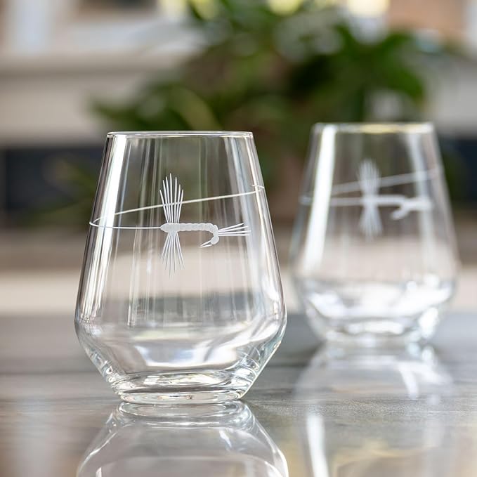 Rolf Glass | Fly Fishing Stemless Wine Tumbler 18 ounce | Stemless Wine Glasses | Set of 2 | Lead-Free Glass | Engraved Tumbler Glasses | Made in the US