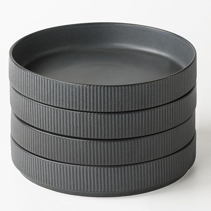 famiware Star 7.5" Pasta Bowls Set, Salad Bowl Set of 4, Double Reactive Glaze, Stackable, Ideal for Your Friend for Housewarming, Festivals, Matte Dark Charcoal (Full Glaze)