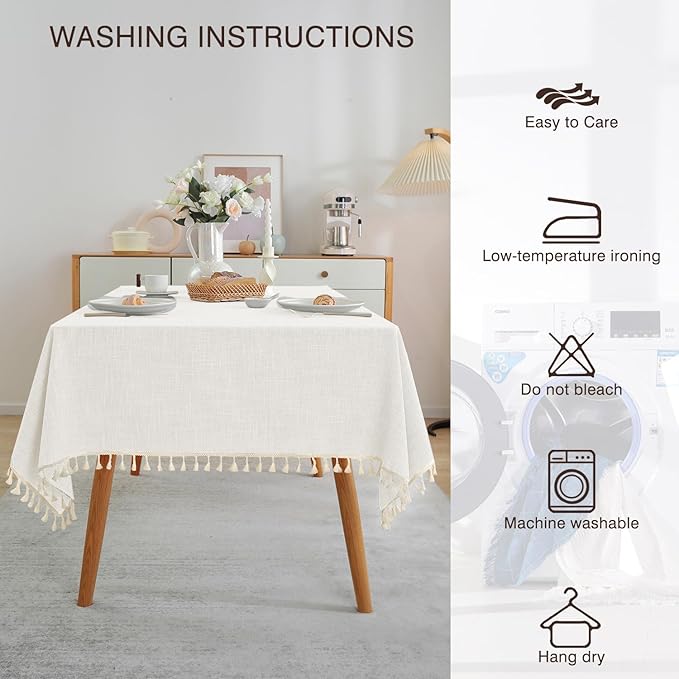 JIALE Textured Tablecloths, Heavy Duty Cotton Linen Farmhouse Table Cloth Rectangle Table, Waterproof Wrinkle-Free Rectangle Tablecloth for Kitchen, Dining, Parties, 55"x90", Ivory