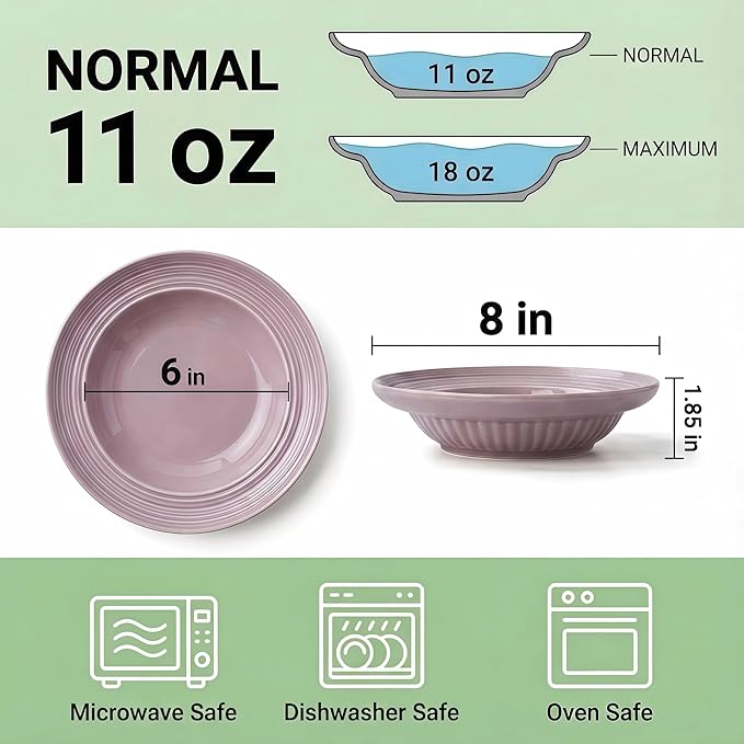 Wide Rim Soup Bowls, 11oz Small Capacity Rimmed Pasta Bowls Set of 4, 8 Inch Ceramic Salad Bowl, Shallow Plates, Elegant Dinner Cereal Serving - Microwave Dishwasher Oven Safe - Purple