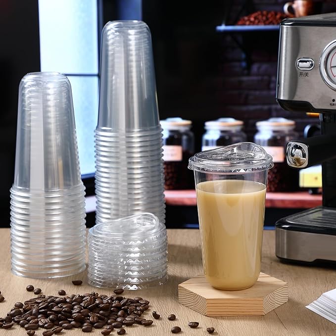 50 Sets Clear Plastic Cups with Strawless Sip Lids, Thickened Clear Disposable Plastic PET Crystal Cups for Iced Coffee, Smoothie, Cold Beverage, Drink Shops and Party Catering (18 oz)