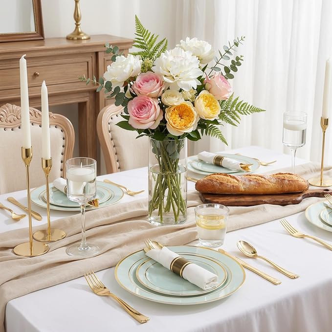 175PCS Sage Green Plastic Plates - Heavy Duty Green Plates Disposable - 25Guests Plastic Dinnerware with Rolled Napkins for Spring/Birthday/Baby Shower/Easter