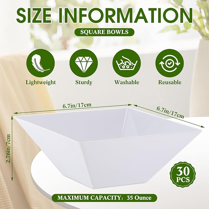 Tioncy 30 Pcs Square Plastic Serving Bowls, Medium Salad Fluted Plastic 35 oz Disposable Serving Bowls Containers for Parties, Snack, Buffet, Chips(White,Classic)