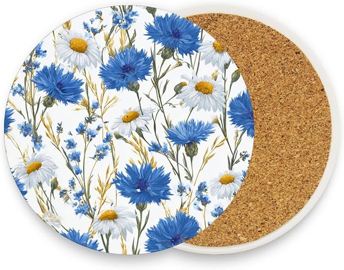 Coasters for Drinks Coaster Drink Set Decorative Coffee Table Desk Cup Mat Spring Cute Cork Bar Backing Round Home Decor Blue and White Daisy39