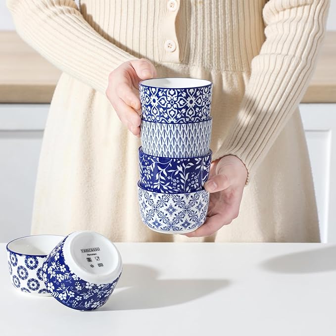 vancasso Selene 6 oz Ceramic Ramekins Set of 6, Microwave & Dishwasher Safe Souffle Cups for Baking, Dip & Sauce, Desserts, Handcrafted Blue Floral Bowls