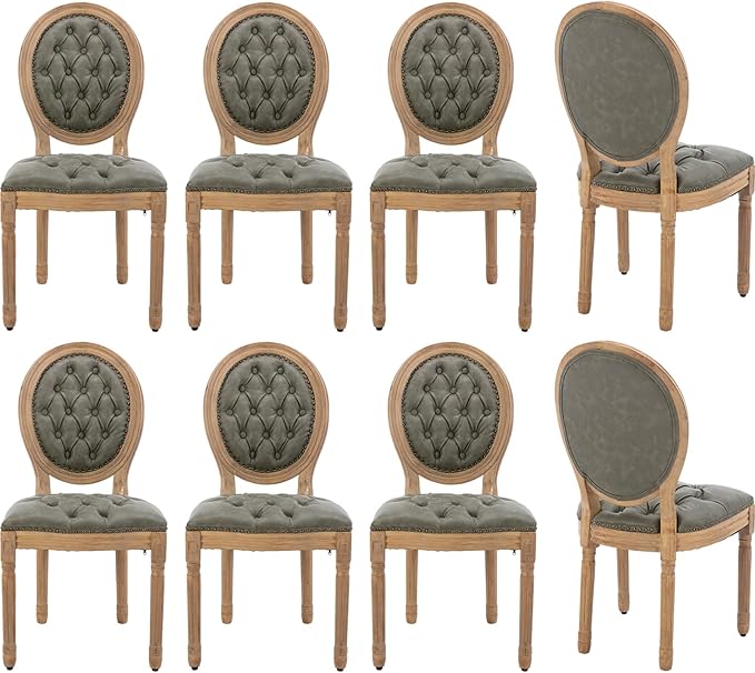 Vintage French Dining Chairs Set of 8, Round Back PU Leather Upholstered Side Chairs with Nailhead Trim and Solid Wood Frame, Sillas de Comedor for Dining Room & Kitchen, Olive Green