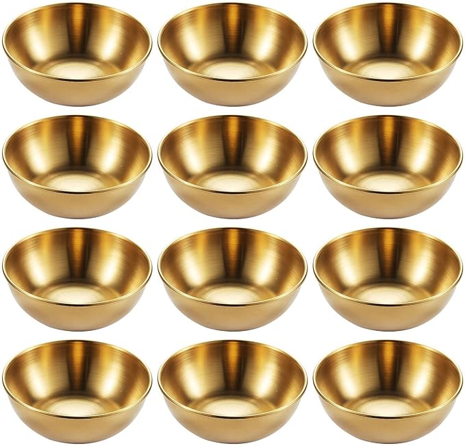 12 Pack Stainless Steel Sauce Dishes, Gold Mini Saucers Bowl Round Seasoning Dishes Sushi Dipping Bowl Appetizer Plates, 3.15inch