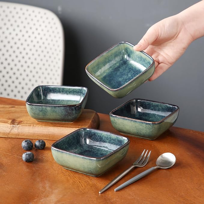 vancasso Stern 6 Oz Dipping Bowls, 3.7 Inches Ceramic Soy Sauce Dish, Square Side Dishes, Small Appetizer Plates Set of 4, Green