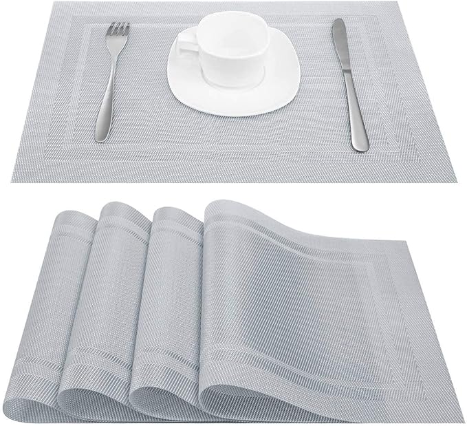 DACHUI Placemats Set of 8, Linen Look Woven Place Mats, Water Resistant, Heat Resistant, Washable, Durable Table Mats (Silver)