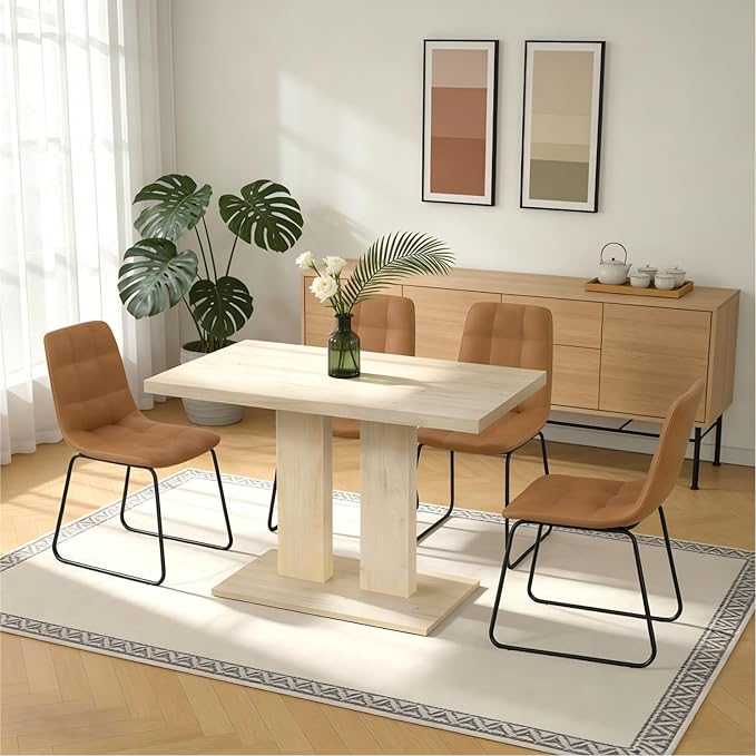 Modern 5-Piece Dining Table Set for 4, 46" Pedestal Dining Room Table with 4 Leather Chairs, Small Space Saving Kitchen Table Set, Natural Wood Finish Rectangle Table for Home & Apartment
