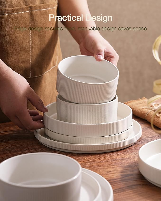 famiware Star Plates and Bowls Sets, Modern Stoneware Dinnerware Sets for 8, 24-Piece Kitchen Dish Set - Microwave and Dishwasher Safe, Chip and Scratch Resistant, Matte White