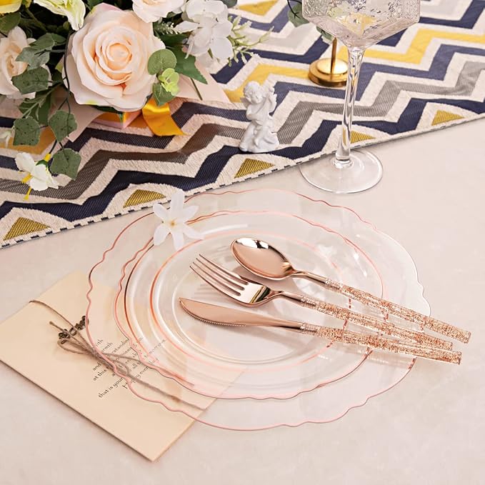Liacere 150PCS Rose Gold Plastic Plates - Clear Rose Gold Disposable Plates with Glitter Bamboo Handle Cutlery - 60 Baroque Elegant Plates, 30 Forks, 30 Spoons, 30 Knives for Wedding＆Valentine's Day