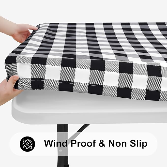 Smiry Rectangle Picnic Table Cloth, Elastic Waterproof Fitted Vinyl Tablecloths, Flannel Backed Buffalo Plaid Table Covers for Dining, Camping, Outdoor (Black and White, 36" x 96")