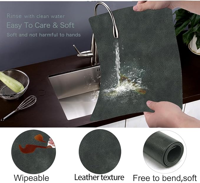 Faux Leather Soft Placemats with Rounded Corners for Kitchen Set of 6,Wipeable Reusable Place Mats,Waterproof&Stain Resistant Table Mats,Washable Heat-Resistant Non-Slip(Black-Grey)