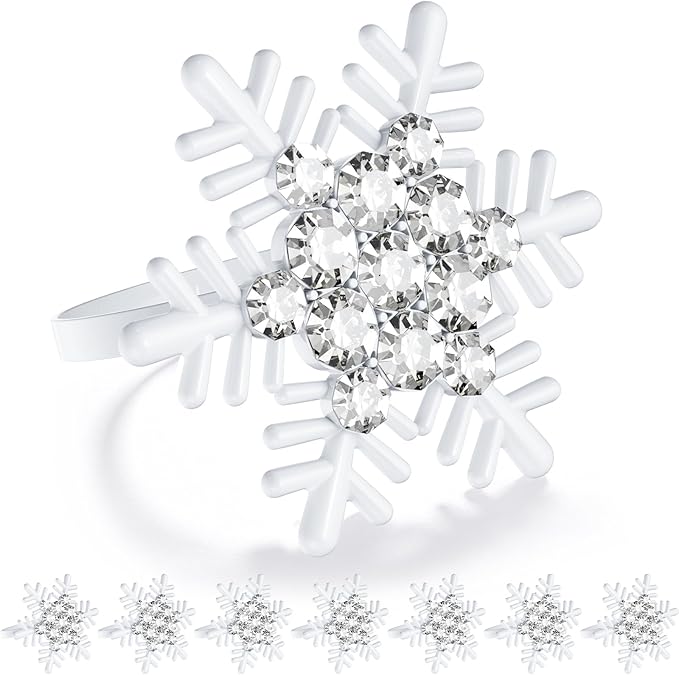 ZeeDix Set of 8 Christmas Snowflake Napkin Rings for Dinning Table Setting- White Rustic Dinner Tables Setting Decoration for Wedding Receptions, Christmas Holiday Party Dinner Parties
