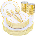 EI 180pcs White Plastic Plates with Gold Plastic Silverware,Heavy-Duty Disposable Plates for Party,White Dinnerware Set for 30 Guest Wedding,Afternoon Tea,Spring,Mother's/Valentine's Day