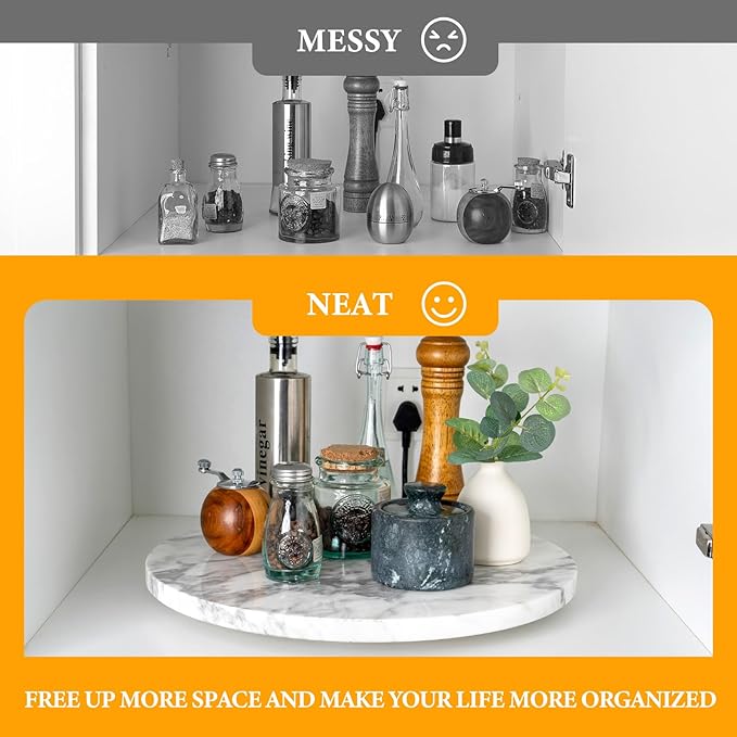 Koville 16'' Marble Lazy Susan Marble Turntable for Kitchen Dinning, Lazy Susans Organizer for Cabinet, Serving Rotation Spinning Tabletop Organizer Swiveling, Spice Rack Storage(Arabescato White)