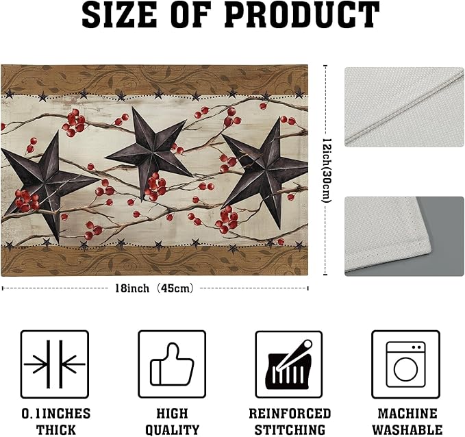 Western Placemats Set of 4 - Rustic Star Tablemats 12x18 Vintage Southwest Place Mats Set for Kitchen Dining Table