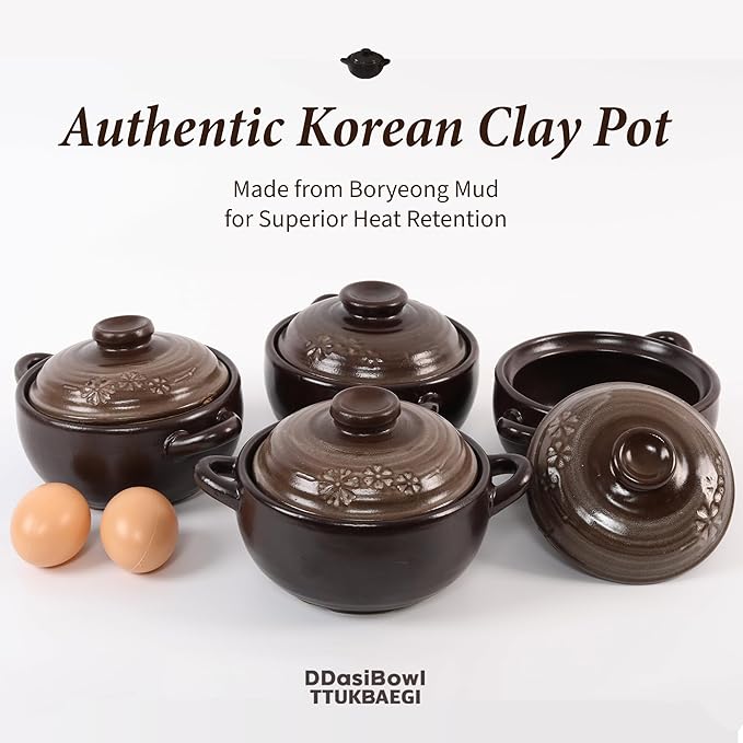 – 4-Pack Korean Clay Pots (17oz / 500ml) with Lids & Handles – Ttukbaegi Stone Bowls for Cooking Bibimbap, Donabe Style Korean Clay Cookware – Oven & Stovetop Safe