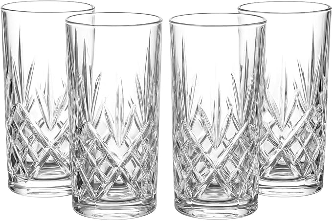 Crystal-Style Highball Glasses, Clear Cut Glass, 12.3 oz Capacity, Diamond Pattern, Cocktail Drinking Tumblers, Set of 4