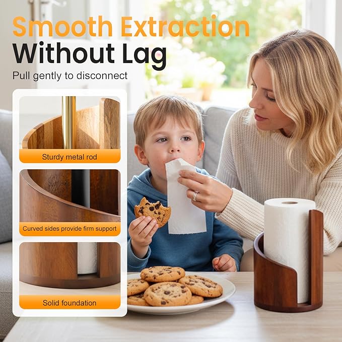 Mountain Paper Towel Holder Countertop, 2026 Upgrade 100% Natural Mango Wood Round Base and Iron Holder, Wooden Paper Towel Holder for Kitchen Roll Organize Dining Table Home Decor (Wood)