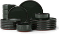 E-far Stoneware Dinnerware Sets for 6, 18 Pieces Reactive Glaze Plates and Bowls Sets, Elegant Dishes with Rustic Terracotta Clay Base, Dishwasher & Microwave Safe, Scratch Resistant, Blackish Green