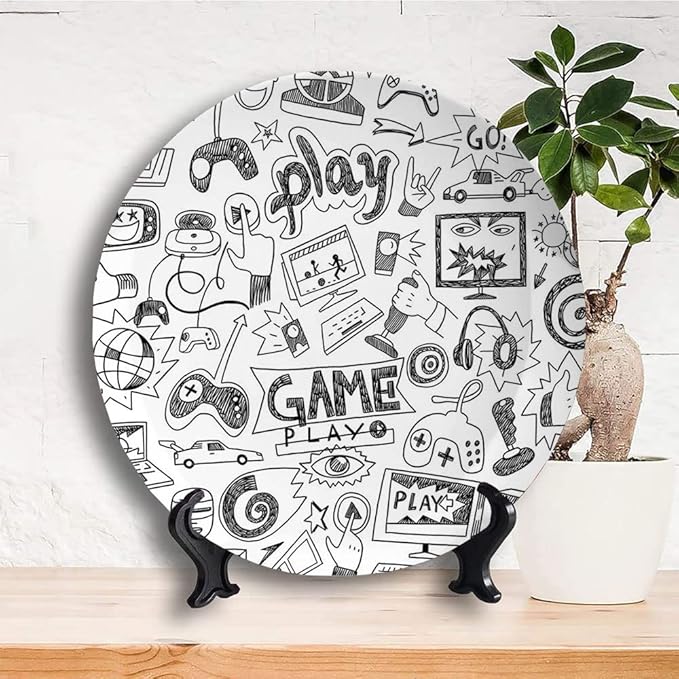 Decorative Plates, Video Games Print Ornament, Monochrome Sketch Style Gaming Design Racing, 6 Inch, 1 Plate with 1 Display Stand, White Black