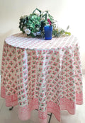 ATOSII Gulbahar White Pink 100% Cotton Spring Summer Round Tablecloth, Block Print Table Cloth for Dining, Weddings, Outdoors, Parties, Grand Millenial Home Decor 72" Inches I