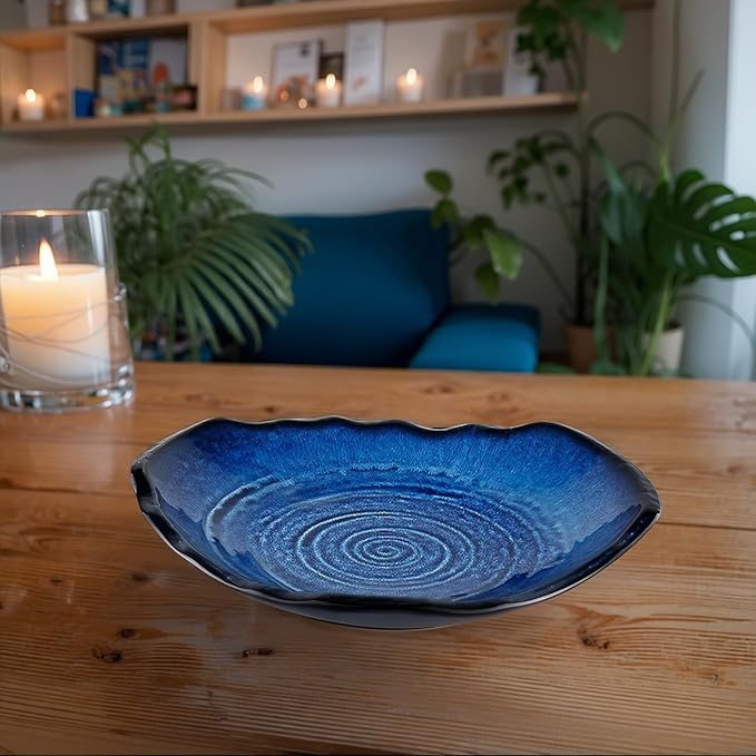 Ceramic Decorative Bowl - 12" Large Blue Pottery, Blue Decorative Bowl, Porcelain Centerpiece Tray, Key Bowl for Entryway Table, Living Room, Dining, Trinket Dish, Gift Decor Tray