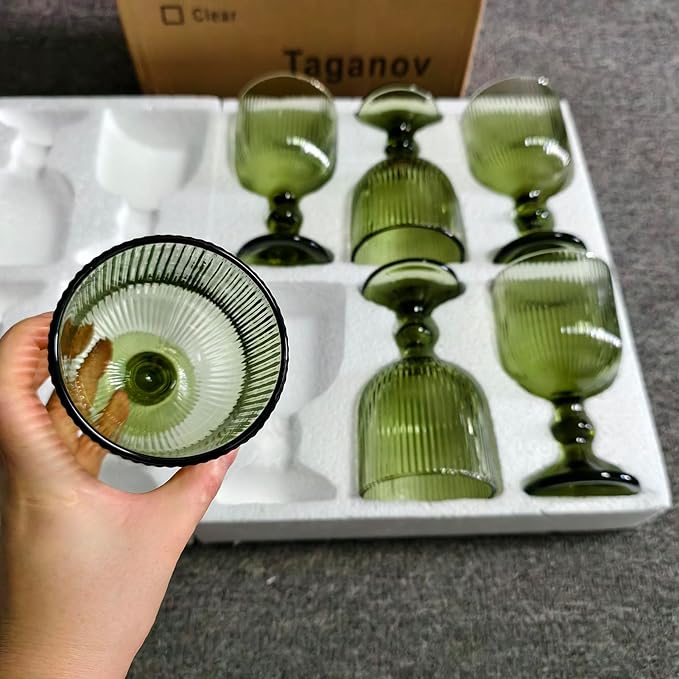 Green Drinking Glasses set of 6 Big Wine Goblets Vintage Colored Glassware 13 oz for Wedding Party Bar Vertical Line Embossed Pattern Stemmed Cups 400ml