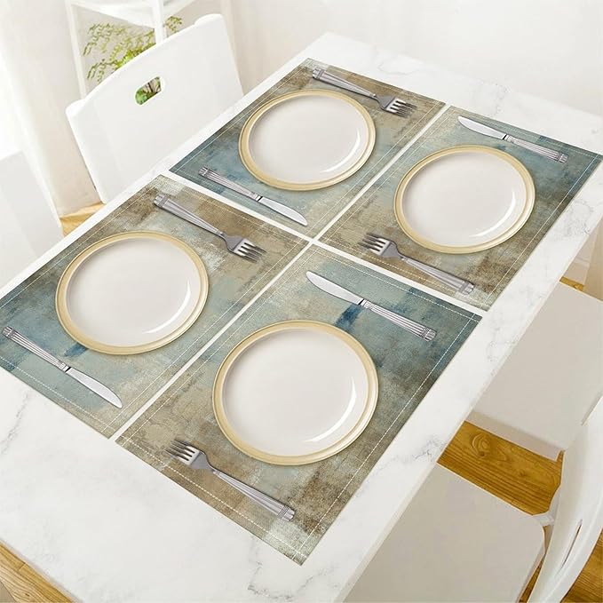 Gradient Placemat Set, Modern Minimal Fashion Abstract Beige Brown Blue Art Oil Painting Brush Strokes Patchwork Pattern Home Decor Linen Table Mats for Dining Room Kitchen Party (17x12in) x4P