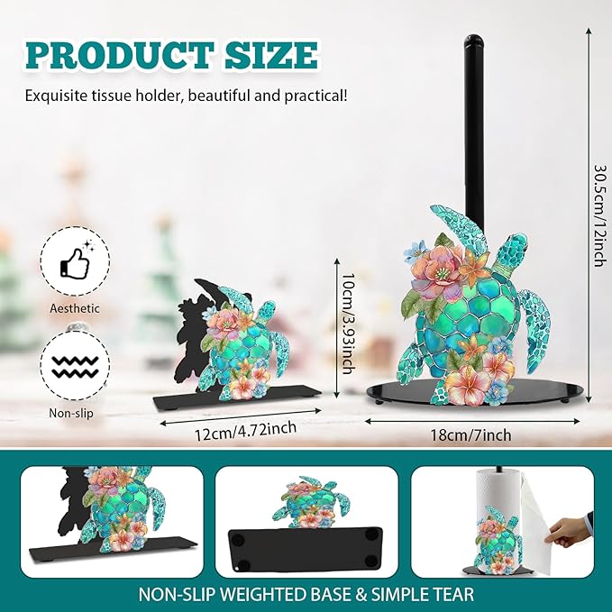 Sea Turtle Paper Towel Holder, Coastal Beach Ocean Countertop Decor Indoor with Round Base, Sea Turtle Gifts for Women, Iron Beachy Themed Napkin Holder Stand Accessories for Bathroom Kitchen, 2 PCS