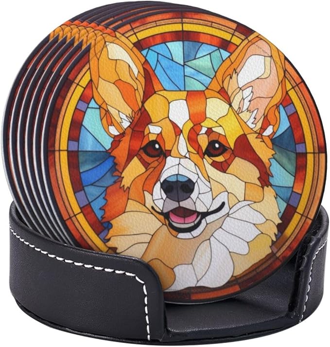 Drink Coaster Set of 6, Corgi Dog Mom Lover Gift,Leather Drink Coasters with Holder,6 Pack Cup/Bar/Drink Coasters for Table/Drinks/Coffee Protection Housewarming Gift