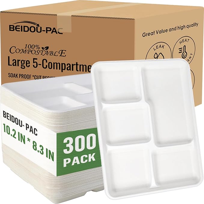 5 Compartment Compostable Heavy Duty Disposable Paper Plates, 300 Count | 10.3" X 8.3" | Natural Bagasse, White Biodegradable Eco-Friendly School Lunch, Buffet, Party Sugarcane Tray
