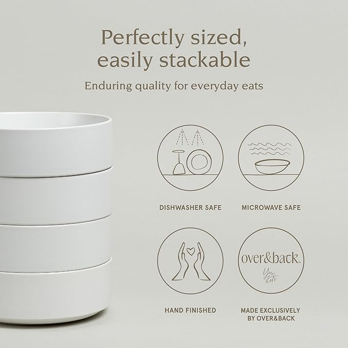 over&back Stackable Cereal Bowl Set - Stoneware Dishes - Comes with 4 Cereal Bowls - Easy-to-Stack Breakfast Place Settings - 6.2" x 6.2" x 2.2" - 25oz - Semi-Matte White