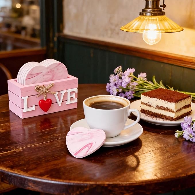 Valentines Coasters for Valentines Day Gifts, Pink Hearts Coasters Set of 6, Girlys Cute Coaster for Drink, Love Wood Coaster with Holder for Coffee, Valentines Day Table Decorations