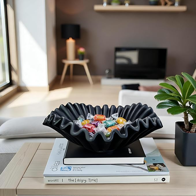 Large Decorative Bowl decor, Scalloped Pedestal Bowls for Modern Home Decor,Ruffle Decor,Stylish Key Bowl for Entry Table,Decorative Fruit Bowl for Kitchen Counter,Black