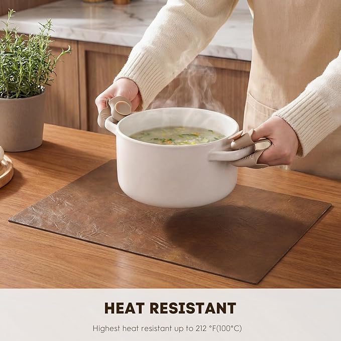 Artoid Mode Brown Faux Leather Placemats Set of 4, 12x18 Inch Waterproof Wipeable Heat Resistant Vinyl Place Mats, Reversible Table Mats for Kitchen Dining Decor