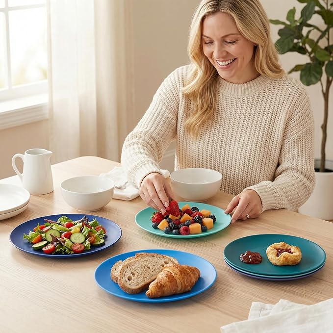 Plastic Plates Reusable - 10 inch Unbreakable Dinner Plate set of 12 - BPA Free Dishwasher Safe Microwave Plates - Everyday Large Plate for Kids Kitchen Salad Party Outdoor