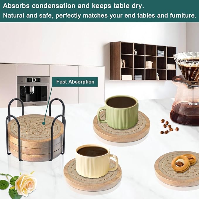 Wood Coasters for Drinks Housewarming Gifts for Home Decoration Absorbent Coasters with Holder for Coffee Tabletop Protection 4.3 Inch Beige