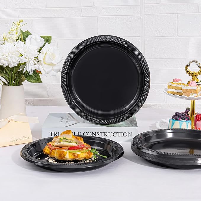 WELLIFE Black Plastic Plates 10 Inch -150 Count for Party, Plastic Disposable Dinner Plates for Easter Picnic BBQ