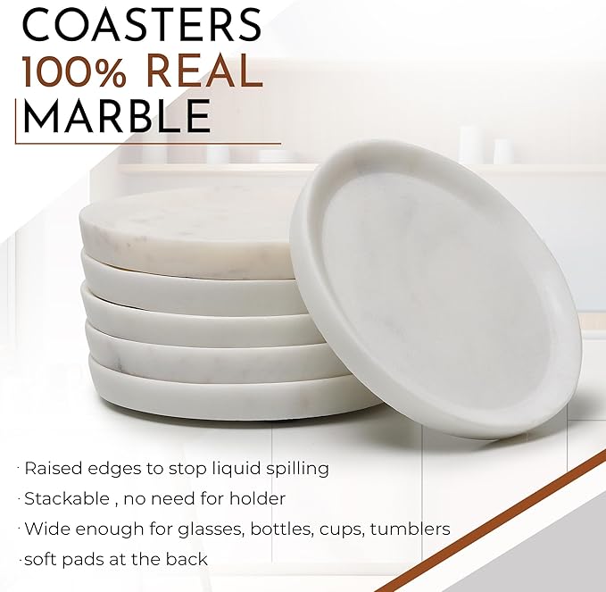 Marble Coasters Set of 6 with Raised Edges | 4 inch Dia | 100% Real Marble Drink Coasters | Modern Home Decor |