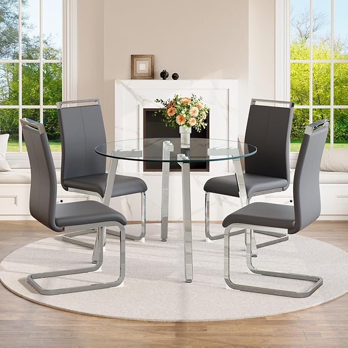 42" Round Glass Dining Table Set for 4,Modern Breakfast Table Set for 4 with Silver Chrome Legs,Space Saving Kitchen Table and Grey Chairs for Apartment,Easy Assembly